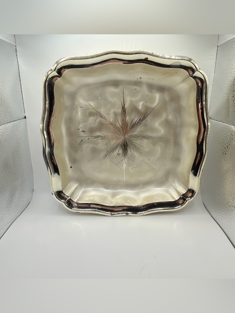 Vintage WMF ikora Hammered Silverplate Footed Serving Bowl Tray Starburst 10”